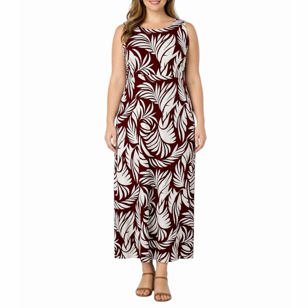 Chico’s Size 2 Tropical Leaf Dress Women’s 12/14 Red Brown White Stretch Pockets